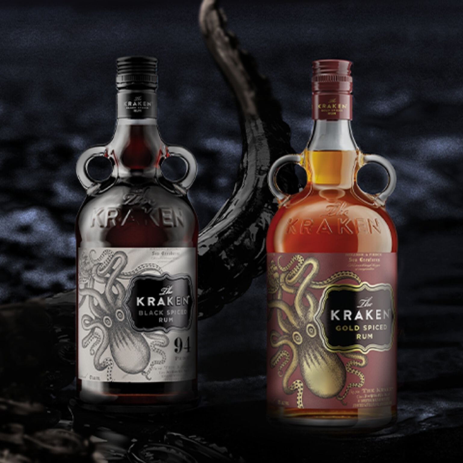 The Kraken Black Spiced Rum and The Kraken Gold Spiced Rum on a dark background